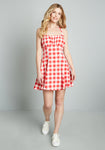 Semi Sheer Vintage Pleated Gathered Swing-Skirt Short Summer Halter Smocked Checkered Gingham Print Dress