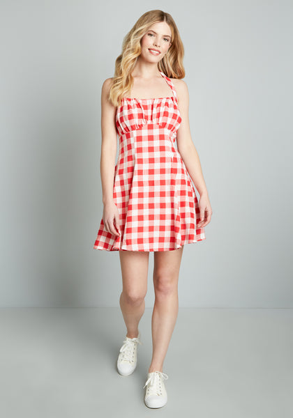 Short Halter Smocked Checkered Gingham Print Pleated Semi Sheer Gathered Vintage Swing-Skirt Summer Dress