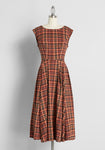 Plaid Print Swing-Skirt Lace Trim Fall Darts Fitted Vintage Side Zipper Bateau Neck Cap Sleeves Midi Dress