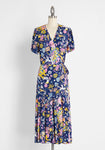 V-neck Rayon Wrap Self Tie Belted Flowy Pleated Floral Print Midi Dress