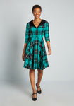 Button Front Button Closure Pocketed Fitted Back Zipper Swing-Skirt Collared Above the Knee Plaid Print Elbow Length Sleeves Dress