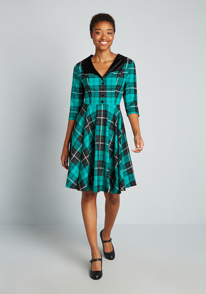 Above the Knee Collared Plaid Print Elbow Length Sleeves Swing-Skirt Fitted Button Front Pocketed Back Zipper Button Closure Dress