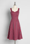 Striped Print Swing-Skirt Fit-and-Flare Sweetheart Fitted Back Zipper Stretchy Pocketed Sleeveless Dress