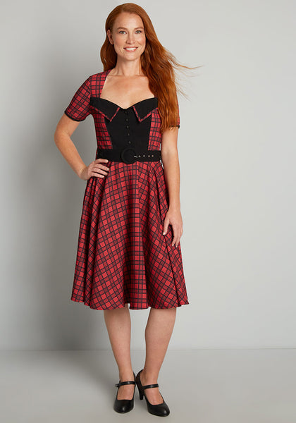 Plaid Print Pocketed Back Zipper Stretchy Belted Fitted Collared Sweetheart Short Sleeves Sleeves Swing-Skirt Fit-and-Flare Dress