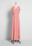 V-neck Belted Vintage Self Tie Wrap Polyester Sheer Flutter Short Sleeves Sleeves Maxi Dress With a Sash