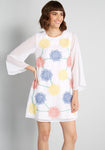 Floral Print Short Sheer Bell Sleeves Shift Button Closure Sheer Embroidered Swing-Skirt Spring Crew Neck Dress