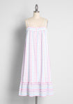 Vertical Stripe Dots Print Shirred Tiered Flowy Embroidered Plunging Neck Sleeveless Spaghetti Strap Dress by Modcloth