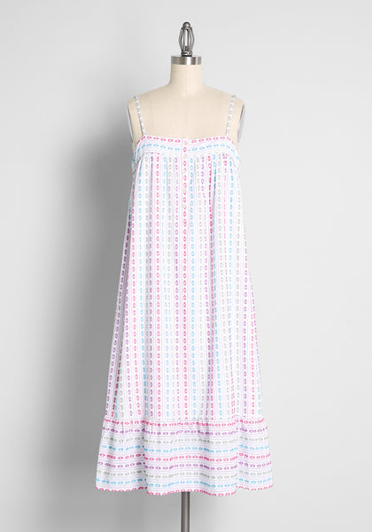 Sleeveless Spaghetti Strap Square Neck Vintage Banding Flowy Embroidered Shirred Tiered Button Front Vertical Stripe Dots Print Midi Dress With Ruffles