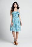 A-line Sleeveless Square Neck Vintage Shirred Fitted Pocketed Button Front Floral Print Ruffle Trim Fit-and-Flare Summer Dress
