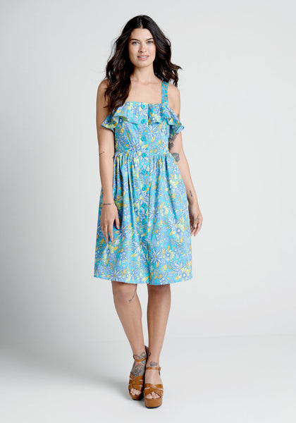 A-line Floral Print Square Neck Fit-and-Flare Summer Vintage Button Front Shirred Fitted Pocketed Sleeveless Ruffle Trim Dress