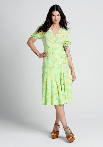 V-neck Floral Print Spring Tie Waist Waistline Self Tie Semi Sheer Wrap Rayon Puff Sleeves Sleeves Midi Dress