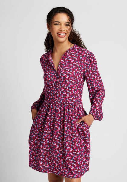 Collared Mock Neck Smocked Viscose Gathered Button Closure Pocketed Button Front Flutter Long Sleeves Above the Knee Dress