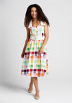 Collared Halter Checkered Gingham Plaid Print Sleeveless Swing-Skirt Pocketed Button Closure Fitted Semi Sheer Back Zipper Gathered Belted Dress