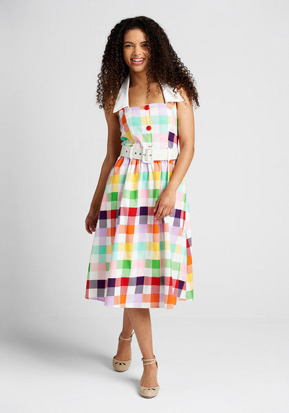 Collared Halter Sleeveless Checkered Gingham Plaid Print Swing-Skirt Fitted Gathered Belted Button Closure Semi Sheer Pocketed Back Zipper Dress