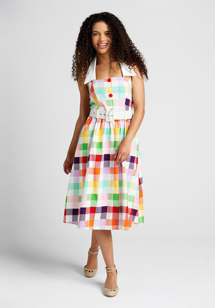 Checkered Gingham Plaid Print Semi Sheer Fitted Back Zipper Gathered Pocketed Belted Button Closure Sleeveless Collared Halter Swing-Skirt Dress