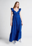 Pocketed Tiered Side Zipper Shirred Flowy Flutter Sleeves Sweetheart Empire Waistline Maxi Dress