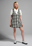 Swing-Skirt Short Checkered Print Pinafore Trapeze Square Neck Sleeveless Button Front Stretchy Cotton Jumper
