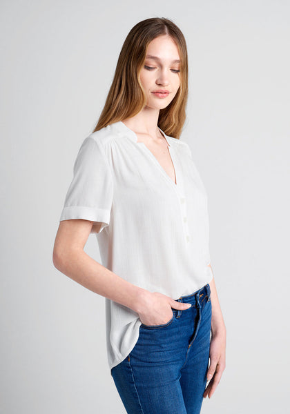 V-neck Rayon Short Sleeves Sleeves Collared Notched Collar Button Front Back Yoke Shirred Tunic