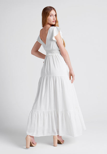 V-neck Flutter Sleeves Smocked Shirred Fitted Flowy Tiered Elasticized Empire Waistline Maxi Dress With Ruffles