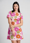 A-line Cotton Floral Print Short Empire Waistline Cold Shoulder Sleeves Shirred Summer Dress