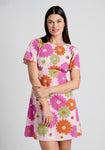 A-line Cold Shoulder Sleeves Floral Print Short Shirred Empire Waistline Cotton Dress