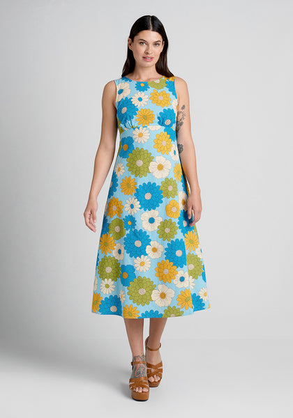 A-line Floral Print Shirred Sleeveless Empire Waistline Cotton Round Neck Midi Dress