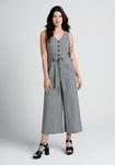 V-neck Checkered Gingham Plaid Print Sleeveless Cotton Tie Waist Waistline Summer Belted Button Closure Floor Length Jumpsuit