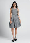 A-line Sleeveless Above the Knee Round Neck Cotton Checkered Gingham Plaid Print Gathered Button Closure Dress