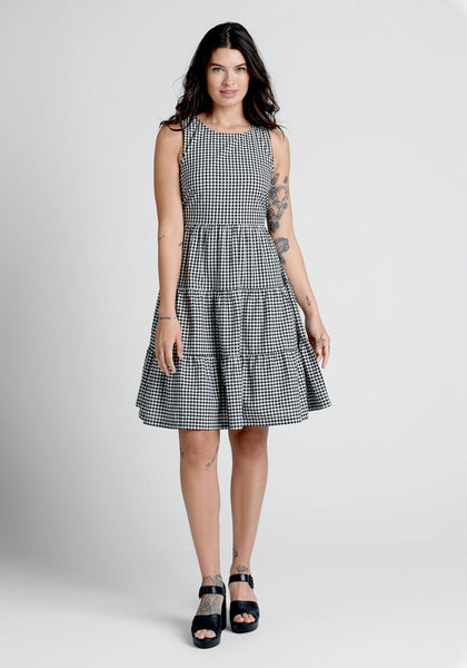 A-line Sleeveless Cotton Checkered Gingham Plaid Print Gathered Button Closure Above the Knee Round Neck Summer Dress