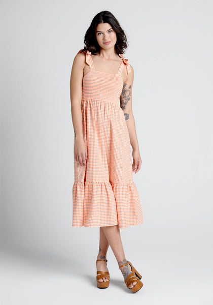 Self Tie Shirred Gathered Tiered Cotton Checkered Gingham Plaid Print Midi Dress With Ruffles