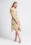 Tall V-neck Vintage Flowy Gathered Flower(s) Elasticized Empire Waistline Elbow Length Sleeves Above the Knee Dress