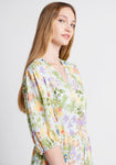 Tall V-neck Elasticized Empire Waistline Elbow Length Sleeves Flowy Vintage Flower(s) Gathered Above the Knee Dress