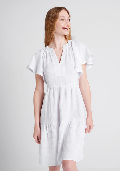 V-neck Cotton Batwing Flutter Sleeves Summer Above the Knee Tiered Gathered Dress