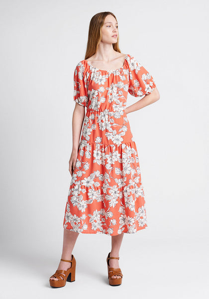 Short Sleeves Sleeves Floral Print Tiered Gathered Polyester Summer Scoop Neck Midi Dress