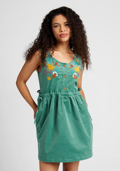 A-line Pinafore Button Front Embroidered Gathered Round Neck Short Sleeveless Jumper