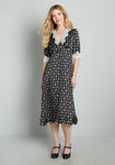 V-neck Button Front Vintage Fitted Shirred General Print Lace Trim Midi Dress