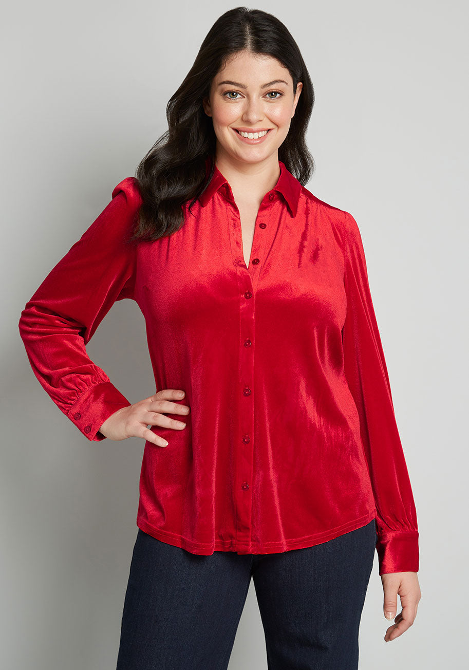 Be Buzzworthy Velvet Button-Up Top