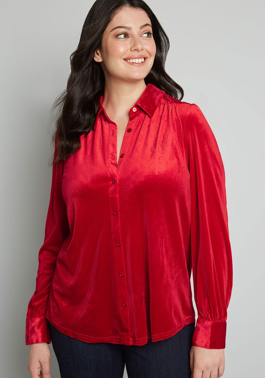 Be Buzzworthy Velvet Button-Up Top