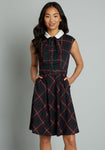 A-line Plaid Print Fit-and-Flare Fitted Button Front Vintage Button Closure Belted Pocketed Side Zipper Above the Knee Sleeveless Collared Dress