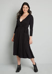 V-neck 3/4 Sleeves Self Tie Belted Wrap Stretchy Tie Waist Waistline Midi Dress