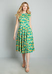 A-line Floral Print Cap Sleeves Scalloped Trim Fit-and-Flare Bateau Neck Fitted Side Zipper Swing-Skirt Dress