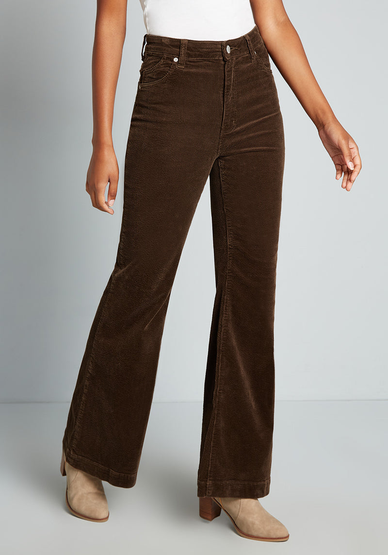 Dark Brown Cord High Waist Flared Trousers