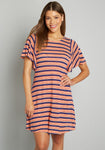 A-line Semi Sheer Short Striped Print Round Neck Flutter Sleeves Shirt Dress