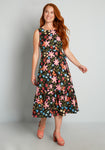 Scoop Neck Floral Print Spring Flowy Fitted Vintage Belted Cotton Tie Waist Waistline Sleeveless Midi Dress With Ruffles