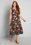 Tie Waist Waistline Floral Print Spring Belted Flowy Vintage Fitted Sleeveless Cotton Scoop Neck Midi Dress With Ruffles