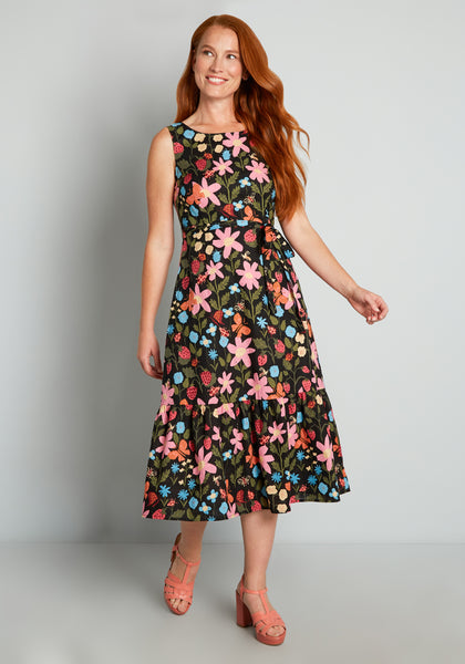 Floral Print Cotton Tie Waist Waistline Fitted Flowy Vintage Belted Sleeveless Scoop Neck Spring Midi Dress With Ruffles
