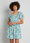 Flowy Semi Sheer Vintage Back Zipper Gathered Floral Print Short Cotton Puff Sleeves Sleeves Dress