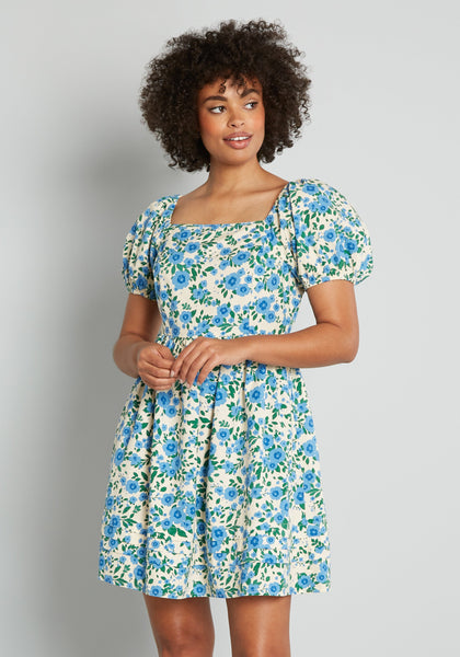 Cotton Short Floral Print Puff Sleeves Sleeves Vintage Back Zipper Flowy Semi Sheer Gathered Dress