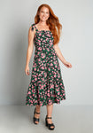 Cotton Floral Print Fitted Back Zipper Flowy Midi Dress With Ruffles