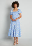 Side Zipper Flowy Open-Back Polka Dots Print Square Neck Puff Sleeves Sleeves Midi Dress With Ruffles